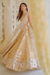 Abhinav Mishra_Gold Net Embellished Mirror V Neck Work Bridal Lehenga Set_Online_at_Aza_Fashions