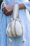 Amyra_White Embroidery, Beads, Tassels Mughal Handcrafted Potli Bag_Online_at_Aza_Fashions