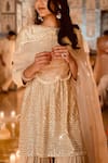 Shop_Abhinav Mishra_Beige Chanderi Boat Embroidered Kurta And Palazzo Set _at_Aza_Fashions