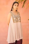 Aman Takyar_Beige Georgette, Dupion Silk V Neck Embroidered Kurta And Dhoti Pant  _Online_at_Aza_Fashions