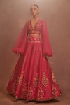 Shop_Aman Takyar_Pink Dupion Silk Embroidery V Neck Lehenga Set _at_Aza_Fashions