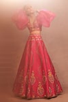 Aman Takyar_Pink Dupion Silk Embroidery V Neck Lehenga Set _Online_at_Aza_Fashions