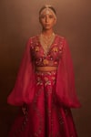 Buy_Aman Takyar_Pink Dupion Silk Embroidery V Neck Lehenga Set _Online_at_Aza_Fashions