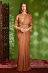 Buy_Aman Takyar_Brown Georgette Embroidery Zardozi Round Pre-draped Saree With Blouse  _at_Aza_Fashions