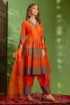 Buy_Aman Takyar_Orange Dupion Silk And Organza Thread & Sequin V Neck Anarkali Set _at_Aza_Fashions