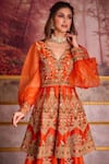 Buy_Aman Takyar_Orange Dupion Silk And Organza Embroidery Mirror Work V Anarkali & Sharara Set _Online_at_Aza_Fashions