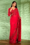 Buy_Aman Takyar_Red Georgette Sequin, Aari, Dabka And Zardozi V Neck Saree & Blouse Set _at_Aza_Fashions