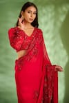 Buy_Aman Takyar_Red Georgette Sequin, Aari, Dabka And Zardozi V Neck Saree & Blouse Set _Online_at_Aza_Fashions