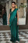 Buy_Reynu Taandon_Green Chanderi Silk V Neck Frill Pre-draped Saree _at_Aza_Fashions
