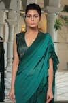 Buy_Reynu Taandon_Green Chanderi Silk V Neck Frill Pre-draped Saree _Online_at_Aza_Fashions