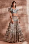 Buy_Studio Iris India_Grey Organza V Neck Bridal Lehenga Set _at_Aza_Fashions