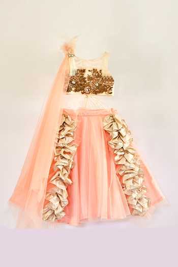 Buy_Pinkcow designs pvt ltd_Peach Satin, Net Embroidery, Tassels, Ruffles Lehenga Set With Dupatta _at_Aza_Fashions