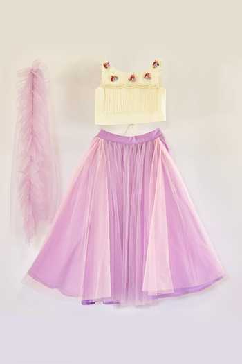 Buy_Pinkcow designs pvt ltd_Cream Net, Crepe, Taffeta Tassels, Embroidery, Fringe Purple Floral Lehenga Set _at_Aza_Fashions