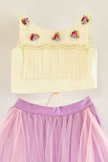 Shop_Pinkcow designs pvt ltd_Cream Net, Crepe, Taffeta Tassels, Embroidery, Fringe Purple Floral Lehenga Set _at_Aza_Fashions
