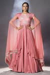 Buy_ISHA GUPTA TAYAL_Pink Silk, Net, Georgette Floral Motifs Round Layered Pleated Anarkali And Dupatta _at_Aza_Fashions