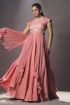 ISHA GUPTA TAYAL_Pink Silk, Net, Georgette Floral Motifs Round Layered Pleated Anarkali And Dupatta _Online_at_Aza_Fashions