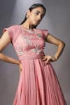 Buy_ISHA GUPTA TAYAL_Pink Silk, Net, Georgette Floral Motifs Round Layered Pleated Anarkali And Dupatta _Online_at_Aza_Fashions