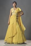 Buy_Isha Gupta Tayal_Yellow Silk Embroidered Floral Motifs V Pre-stitched Lehenga Saree With Blouse _at_Aza_Fashions