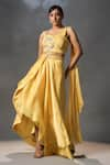 Buy_Isha Gupta Tayal_Yellow Silk Embroidered Leaf Motifs Wrap Skirt With Draped Top _at_Aza_Fashions