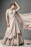 Buy_Isha Gupta Tayal_Grey Chiffon Embroidered Floral Motifs V Pre-stitched Lehenga Saree With Top _at_Aza_Fashions