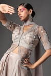 Shop_Isha Gupta Tayal_Grey Silk Embroidered Floral Motifs V Neck Layered Wrap Skirt And Jacket Set _at_Aza_Fashions