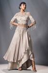 Buy_Isha Gupta Tayal_Grey Silk Embroidered Leaf Motifs Round Wrap Layered Skirt And Crop Top Set _at_Aza_Fashions