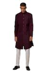 Shop_Amaare_Maroon Cotton Silk Textured Bandhgala Set _at_Aza_Fashions