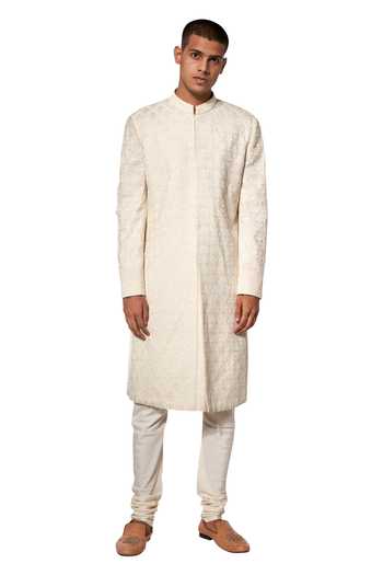 Shop_Amaare_Ivory Cotton Silk Embroidered Sherwani Set _at_Aza_Fashions