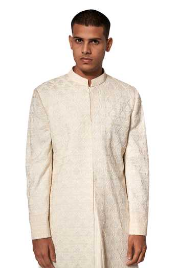 Amaare_Ivory Cotton Silk Embroidered Sherwani Set _Online_at_Aza_Fashions
