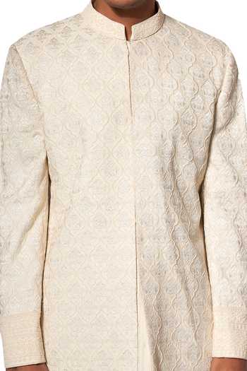 Buy_Amaare_Ivory Cotton Silk Embroidered Sherwani Set _Online_at_Aza_Fashions