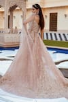 Amit GT Peach Tulle Leaf Neck Embroidered Draped Gown Online at Aza Fashions Amit GT_Peach Tulle Leaf Neck Embroidered Draped Gown _Online_at_Aza_Fashions