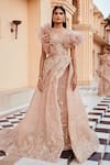 Buy_Amit GT_Peach Tulle Embroidery Sweetheart Neck Draped Gown  _at_Aza_Fashions