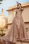 Amit GT_Peach Satin Embroidered Gown_Online_at_Aza_Fashions