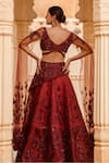 Shop Amit GT Red Tulle, Satin Organza V Neck Embroidered Blouse And Draped Lehenga Set at Aza Fashions Shop_Amit GT_Red Tulle, Satin Organza V Neck Embroidered Blouse And Draped Lehenga Set _at_Aza_Fashions