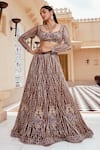 Buy_Amit GT_Brown Tulle Embroidered Blouse And Lehenga Set_at_Aza_Fashions