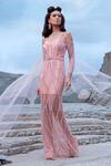 Amit GT_Pink Tulle And Bugle Sweetheart Neck Amadeus Embellished Gown _Online_at_Aza_Fashions