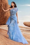 Amit GT_Blue Tulle Embellishment And Bugle Aurora Azura Gown _Online_at_Aza_Fashions