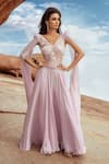 Buy_Amit GT_Pink Tulle Embellishment Beads And Sequin V Neck Maia Front Slit Gown _at_Aza_Fashions
