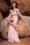 Buy_Amit GT_Pink Tulle Embellishment Beads And Sequin V Neck Maia Front Slit Gown _Online_at_Aza_Fashions