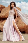 Amit GT_Pink Tulle Embellishment Beads And Sequin V Neck Maia Front Slit Gown _at_Aza_Fashions
