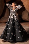 Buy_Amit GT_Black Tulle Floral Appliques, Pearls And Thread Work Plunge V Neck Kiara Gown _at_Aza_Fashions