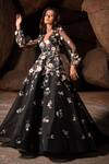 Buy_Amit GT_Black Tulle Floral Appliques, Pearls And Thread Work Plunge V Neck Kiara Gown _Online_at_Aza_Fashions