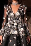 Amit GT_Black Tulle Floral Appliques, Pearls And Thread Work Plunge V Neck Kiara Gown _at_Aza_Fashions