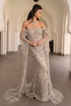 Amit GT_Grey Tulle Sequins, Stone Shoulder Minerva Embellished Off Gown _Online_at_Aza_Fashions