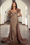 Buy_Amit GT_Brown Tulle Yasmine Feather Embellished Gown_at_Aza_Fashions