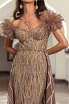 Amit GT_Brown Tulle Aurora Themed Work Plunge Yasmine Feather Embellished Gown _at_Aza_Fashions