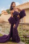 Amit GT_Purple Tulle Halter Neck Miri Purl Embellished Gown With Cape _at_Aza_Fashions