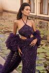 Shop_Amit GT_Purple Tulle Halter Neck Miri Purl Embellished Gown With Cape _at_Aza_Fashions