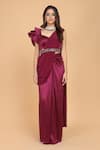 Buy_Amit GT_Maroon Georgette, Satin V Neck Pre-draped Saree With Ruffle Blouse _at_Aza_Fashions