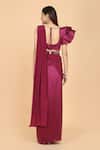 Shop_Amit GT_Maroon Georgette, Satin V Neck Pre-draped Saree With Ruffle Blouse _at_Aza_Fashions